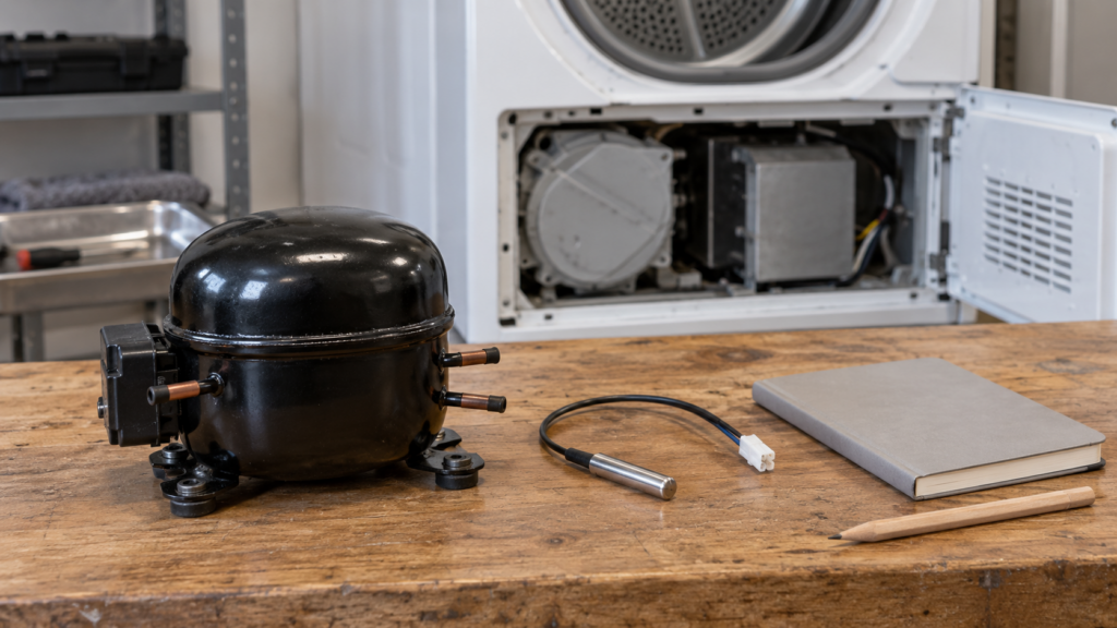 A compact compressor unit and a small temperature sensor laid side by side on a workbench with a closed notepad and a pencil, a tumble dryer blurred behind.