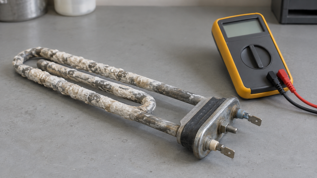 A removed curved washing machine heating element with a dull white limescale crust lies on a workbench.