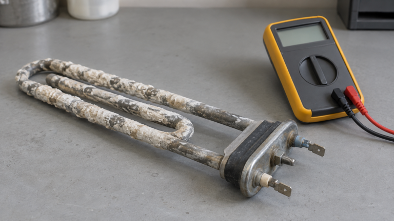 A removed curved washing machine heating element with a dull white limescale crust lies on a workbench.