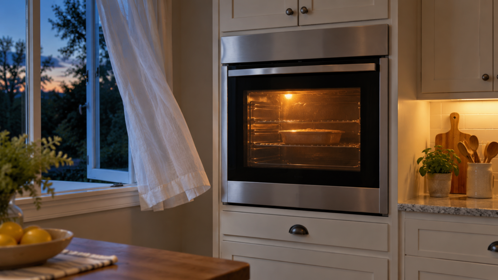 A closed built-in wall oven glowing dull orange behind its glass door while a window stands open beside it.