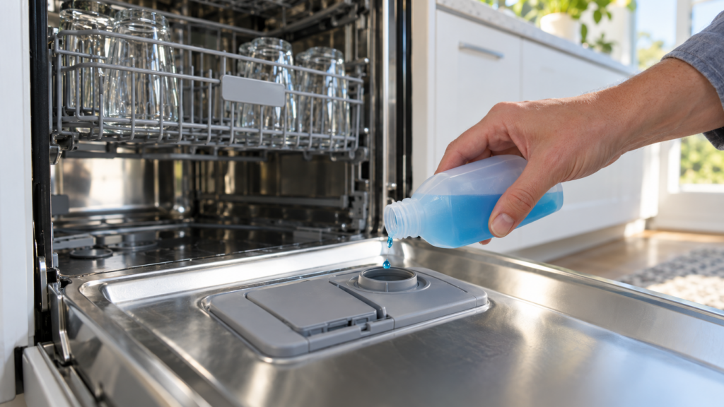 A hand pouring blue rinse aid into the reservoir on the inner door of an open dishwasher.