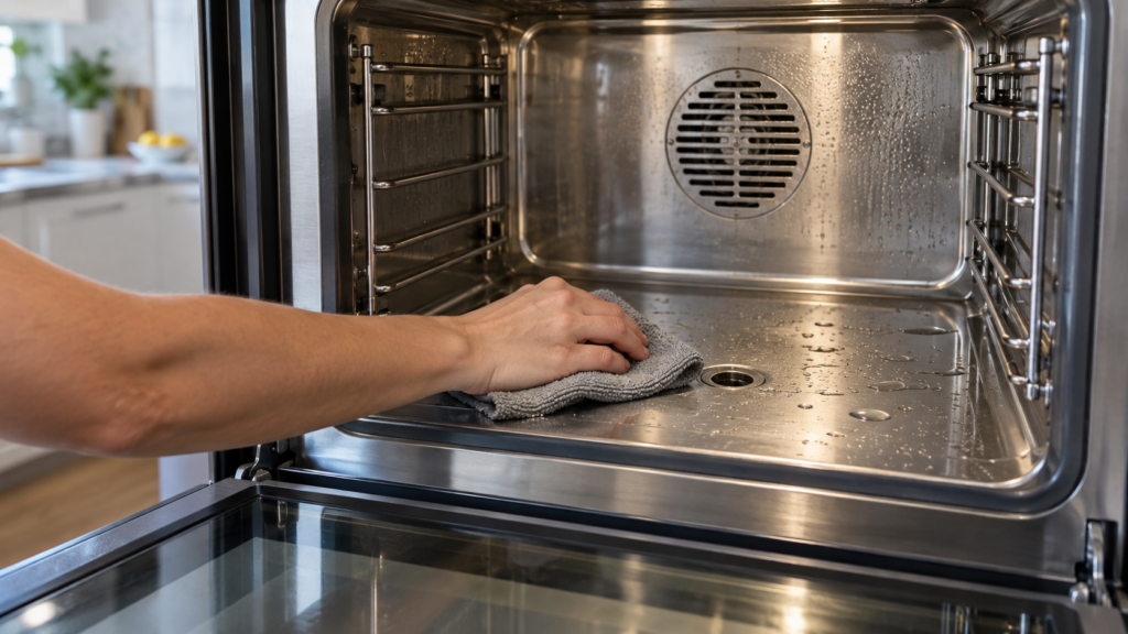 A hand wiping the floor of a cooled steam oven cavity with a damp cloth around the small drain opening.