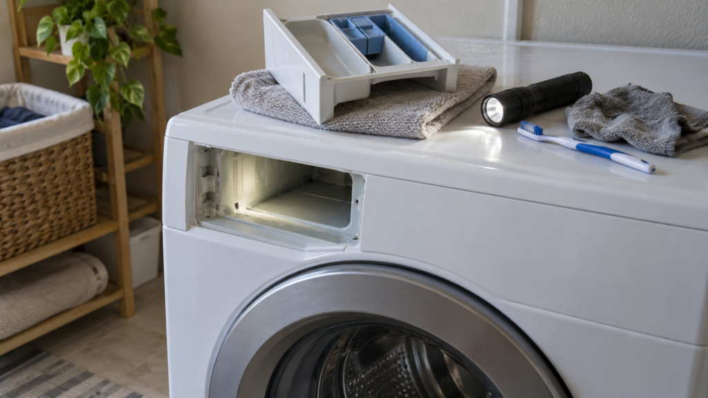 A small flashlight lighting the empty recess of a front-load washer with the detergent drawer removed and a toothbrush and cloth beside it.