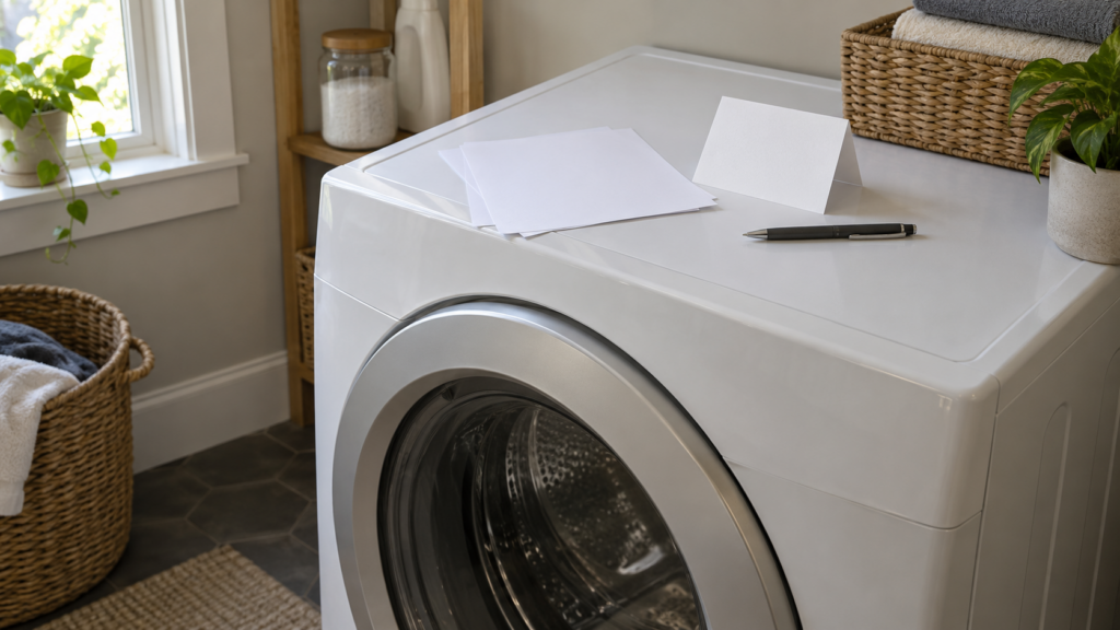 A few blank sheets of paper and a folded card lie on top of a closed front-load washing machine with a pen beside them.